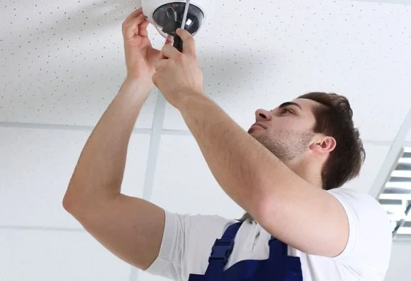Certified CCTV consultant in Qatar mounting a camera as part of system approval process.