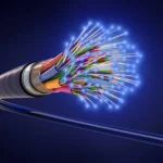 Exposed fiber optic cable with glowing blue strands.