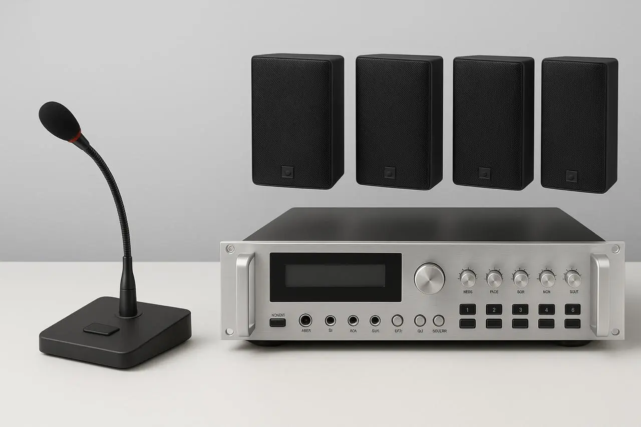 PA system setup with mixer, mic, and wall speakers.