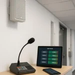 Office PA system with zone controls and wall speaker.