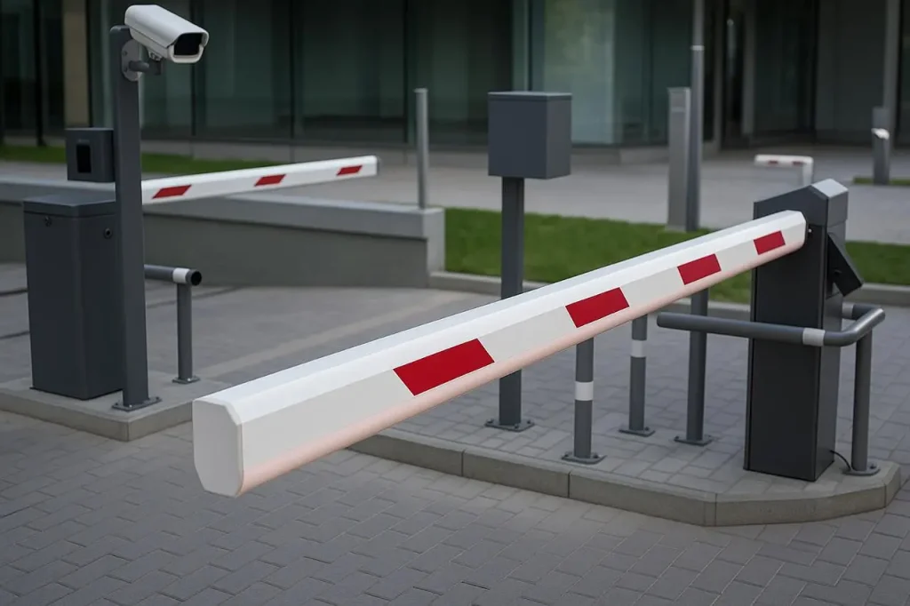Automated gate barrier with ANPR camera and RFID scanner at a vehicle entry point for access control.