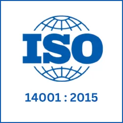 ISO 14001:2015 badge highlighting environmental responsibility in service delivery.