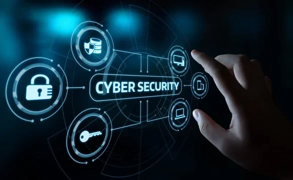 Cybersecurity holographic touch screen with icons and digital devices.