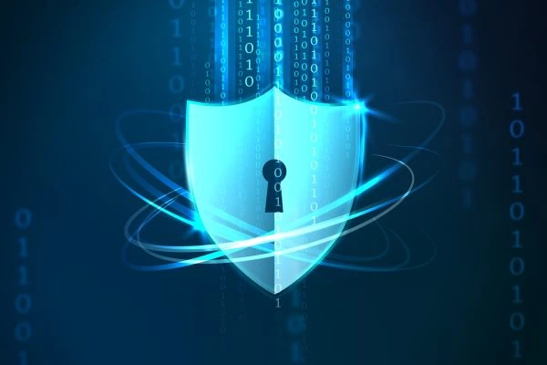 Glowing blue digital shield with keyhole and binary code.