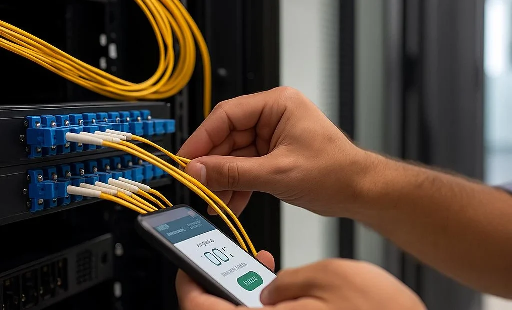 Technician testing fiber optic connections in server rack.
