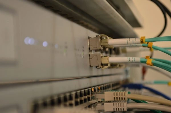 Close-up of network cables connected to a server or switch.