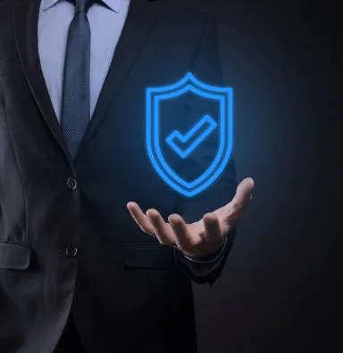 Person holding glowing shield with checkmark