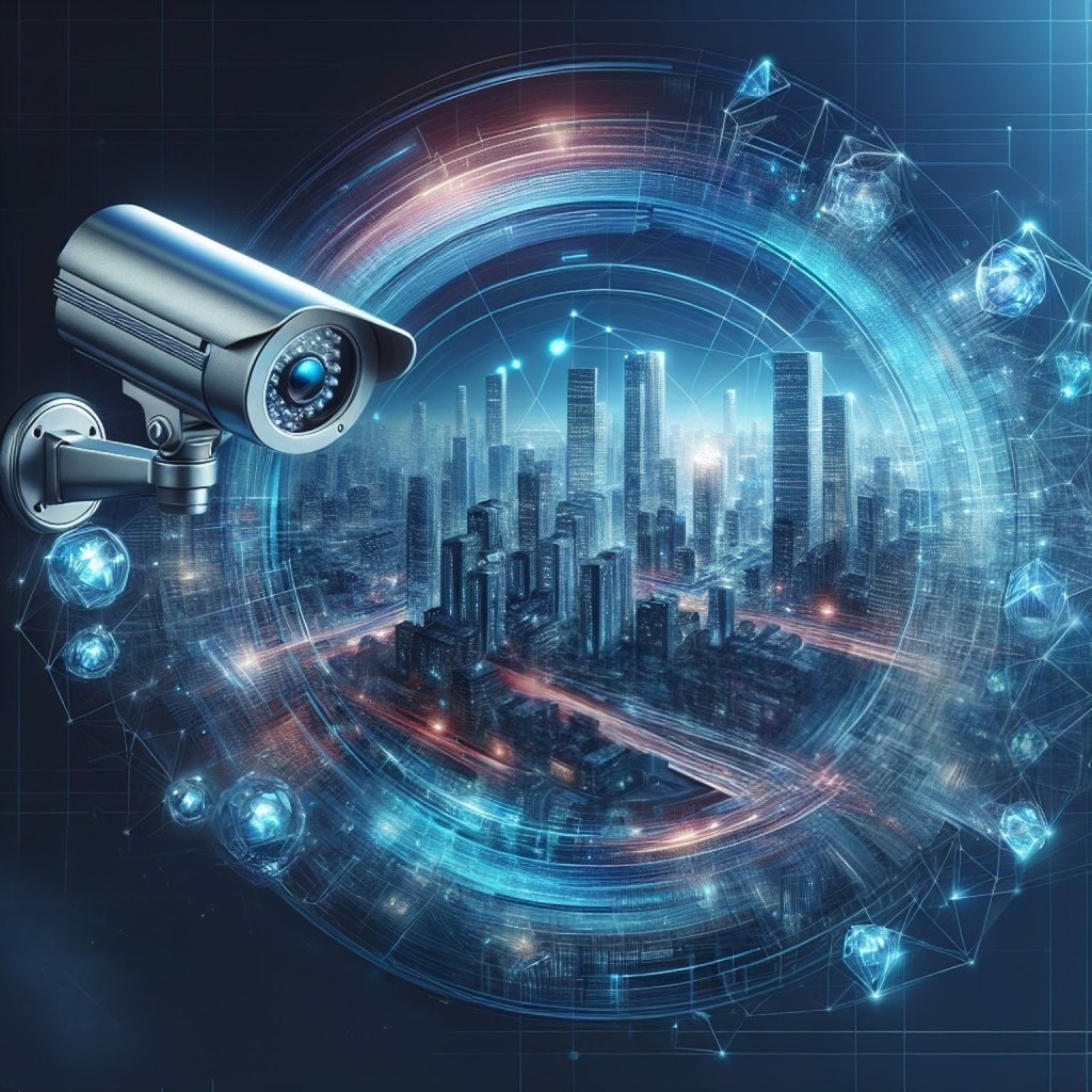 High-tech CCTV monitoring a smart city at night with digital data streams and network nodes.