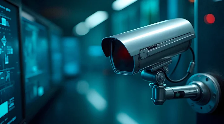 Indoor surveillance camera in a blue-lit security facility.