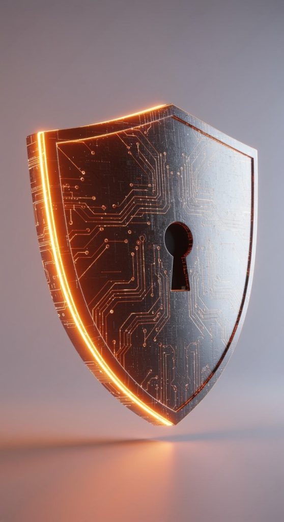 Digital shield with circuit patterns and keyhole glowing in orange, symbolizing cybersecurity.